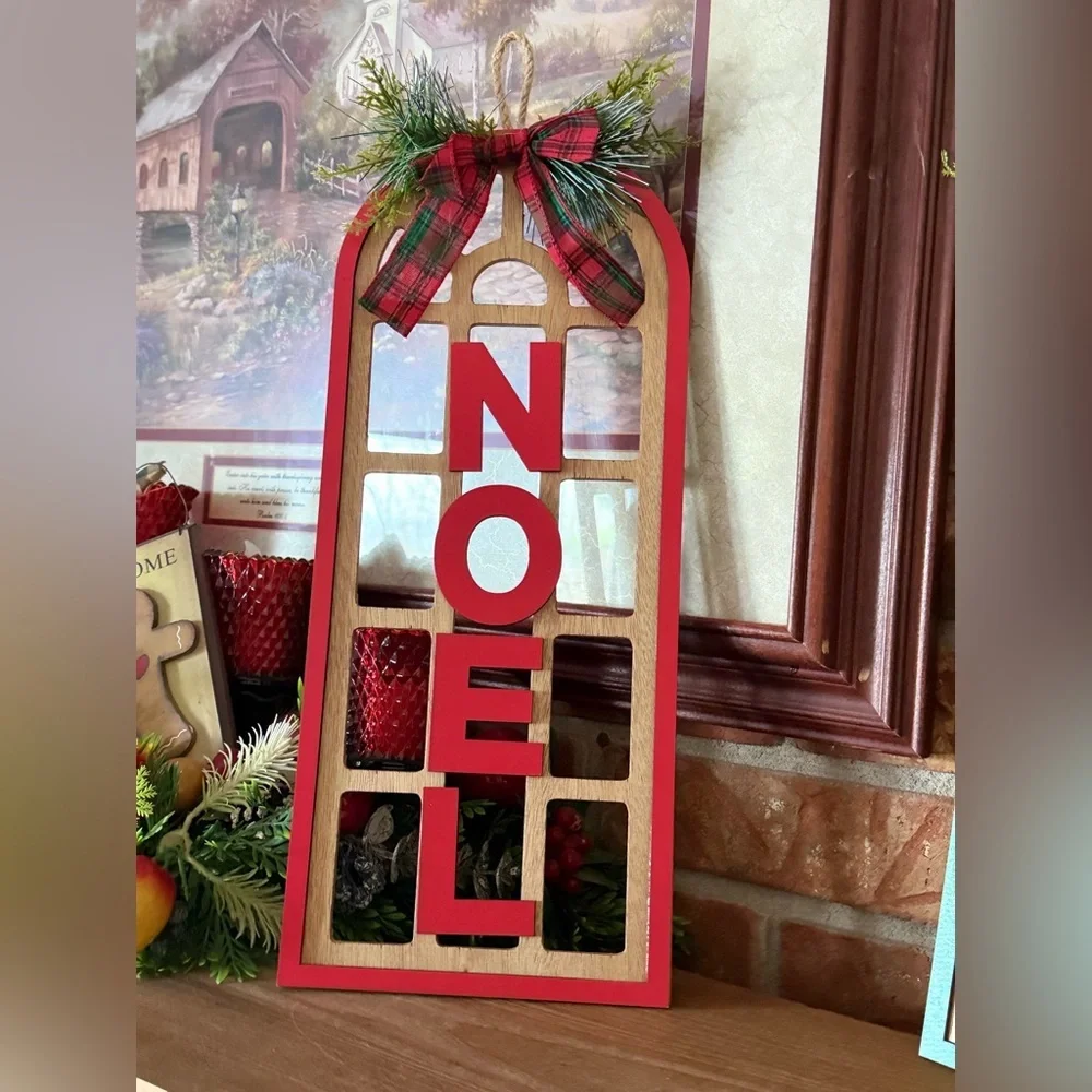 NOEL Wooden Holiday Sled Sign - Red and Natural